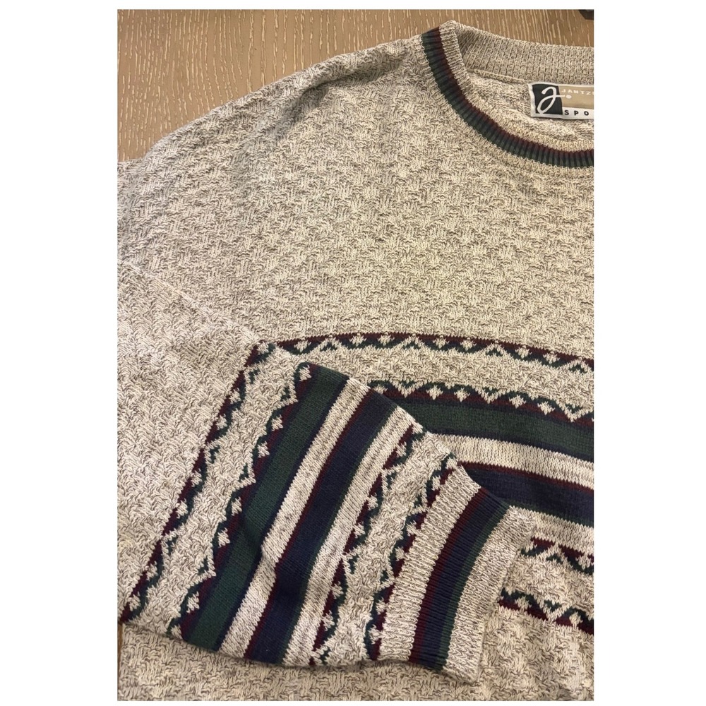 Vtg Jantzen Sport Sweater XL Gray Striped Pattern Crewneck Cotton Blend 90s Mens